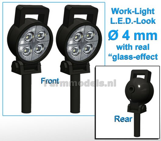2x Werklampen RONDE &Oslash; 4 mm, 3D L.E.D.-Look Glas effect ZONDER Kabel, montage pen ONDERKANT, MET handgreep 1:32  