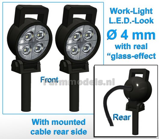 2x Werklampen ROND  &Oslash;4 mm, 3D L.E.D.-Look Glas effect MET Kabel, montage pen ONDERKANT, MET handgreep 1:32  