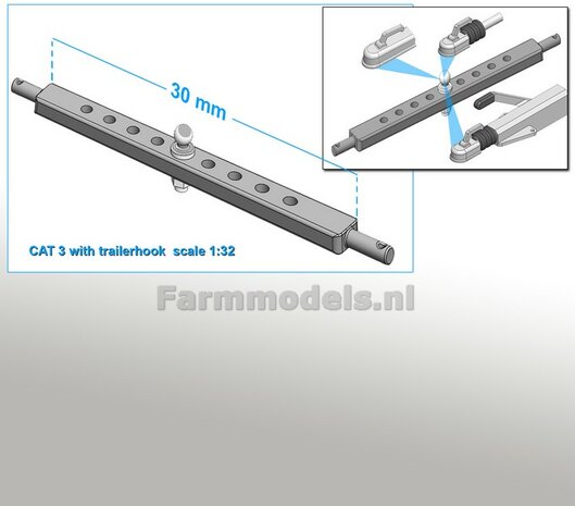 Trekhaakkogel met gatenbalk CAT 3 ALUMINIUM MATT gespoten, past in 30 mm tussenruimte hefarmen 1:32