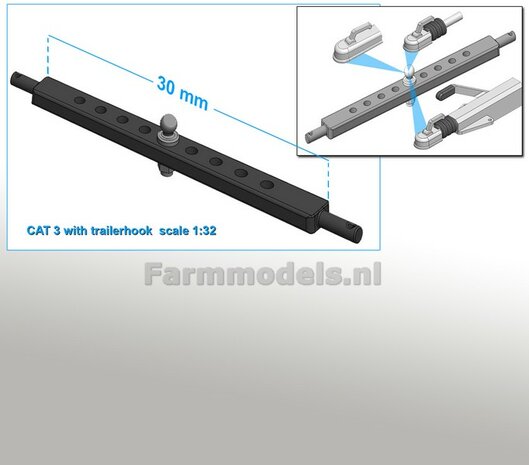 Trekhaakkogel met gatenbalk CAT 3 ANTRACIET gespoten, past in 30 mm tussenruimte hefarmen 1:32