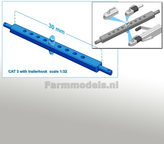 Trekhaakkogel met gatenbalk CAT 3 FORD - NH BLAUWT gespoten, past in 30 mm tussenruimte hefarmen 1:32