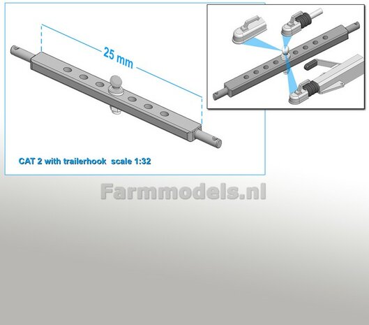 Trekhaakkogel met gatenbalk CAT 2 ALUMINIUM MATT gespoten, past in 25 mm tussenruimte hefarmen 1:32