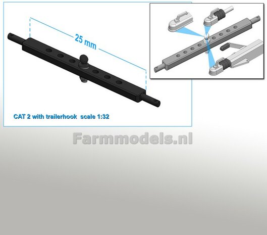 Trekhaakkogel met gatenbalk CAT 2 ZWART gespoten, past in 25 mm tussenruimte hefarmen 1:32