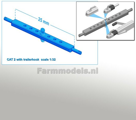 Trekhaakkogel met gatenbalk CAT 2 FORD/ NH BLAUW gespoten, past in 25 mm tussenruimte hefarmen 1:32