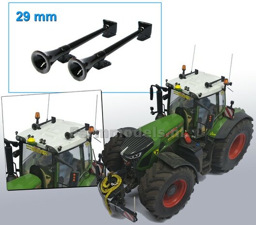 2x Luchthoorn 29 mm ZWART GLANS gespoten rond voor/ vierkant achter 1:32 