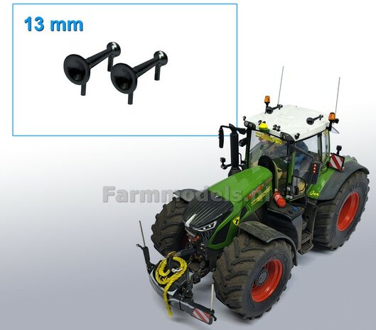 2x Luchthoorn 13 mm ZWART GLANS gespoten rond voor/ rond achter 1:32  