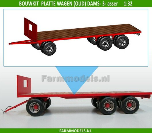 Bouwkit platte wagen 3- asser DAMS &quot;Oud&quot; + dubbellucht banden + houten bodemlatten 1:32 (HTD)