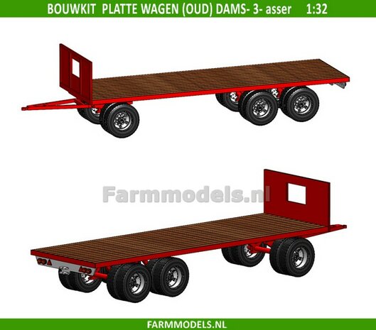 Bouwkit platte wagen 3- asser DAMS &quot;Oud&quot; + dubbellucht banden + houten bodemlatten 1:32 (HTD)