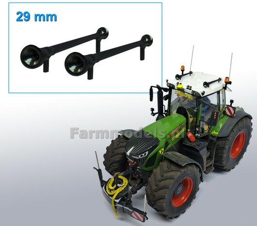 2x Luchthoorn 29 mm ZWART GLANS gespoten rond voor/ rond achter 1:32