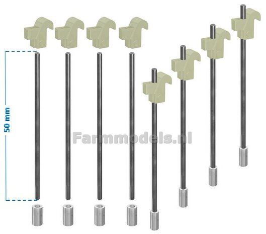 8x LOSSE DELEN FORREZ - GS Schaad systeem LICHT GRIJS RAL 7035 gespoten, 8x draadeind 8x Klemmen, incl. aluminium begin stukken, geschikt voor montage dubbellucht set 1:32 