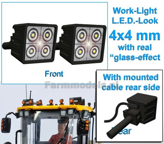 2x Werklampen VIERKANT 4x4 mm, 3D L.E.D.-Look Glas effect MET Kabel, montage pen ACHTERKANT, ZONDER handgreep 1:32  