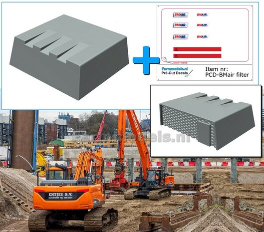 Overdruk filter/ Lucht Filter in GRIJS RESIN INCL. STICKERSET BM AIR  TYPE 5  afm. 22.1 mm x 17.7 x 7.1mm ONBEHANDELD geleverd 1:32 