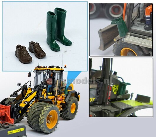 COMBI SET: 1 Paar BRUINE werkschoenen + 1 paar GROENE (werk) laarzen, zwart rubber  (= nr. 810114 + nr. 810116)   1:32 