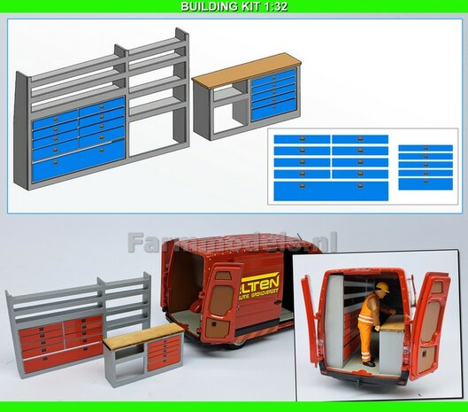 BOUWKIT: Service bus inrichting met BLAUWE stickers t.b.v. de gereedschaps lades, geschikt voor inbouw o.a. Marge models Mercedes Sprinters  1:32