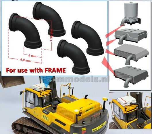 4x ZWART Bochtbuis &Oslash; 4mm 90 graden KORTE VERSIE voor filters MET FRAME t.b.v. aansluiting Overdruk filter/ Lucht Filter 1:32 