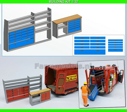 BOUWKIT: Service bus inrichting met BLAUWE stickers t.b.v. de gereedschaps lades, geschikt voor inbouw o.a. Marge models Mercedes Sprinters  1:32