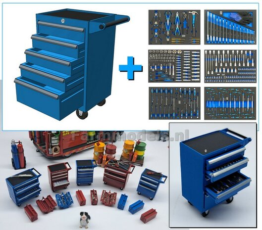 Gereedsschap Trolly BLAUW met 5 losse lades, handgeschildert SMALLE UITVOERING geleverd incl. 6 losse gereedschaps stickervelletjes  1:32