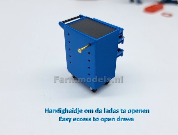 Gereedsschap Trolly BLAUW met 5 losse lades, handgeschildert BREDE UITVOERING geleverd incl. 6 losse gereedschaps stickervelletjes  1:32