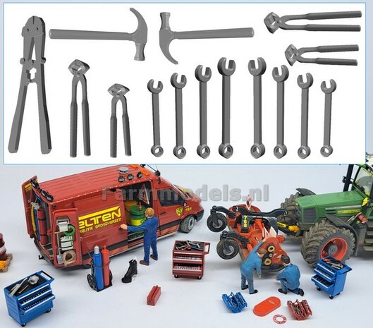 Gereedschap set, 1x Betonschaar, 8x Steeksleutels, 4x Tangen en 2x Hamers  RESIN, blank geleverd 1:32 