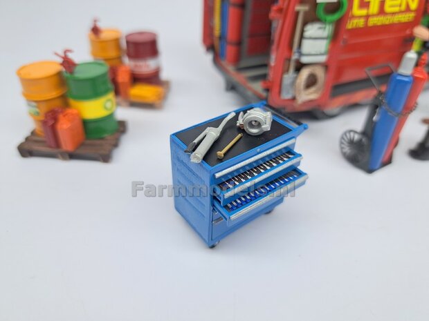 Gereedsschap Trolly BLAUW met 1 OPEN LADE, handgeschildert SMALLE UITVOERING geleverd incl. 6 losse gereedschaps stickervelletjes  1:32