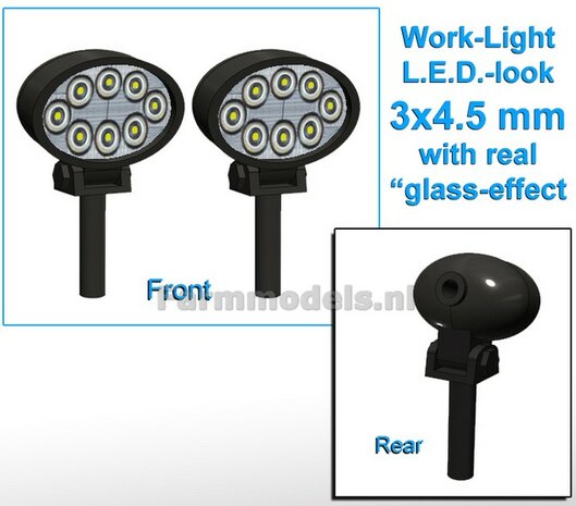 2x Werklampen OVAAL 3x4.5 mm, 3D L.E.D.-Look Glas effect ZONDER Kabel, montage pen ONDERKANT (zonder handgreep) 1:32