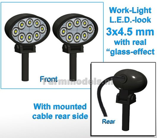 2x Werklampen OVAAL 3x4.5 mm, 3D L.E.D.-Look Glas effect MET Kabel, montage pen ONDERKANT (zonder handgreep) 1:32