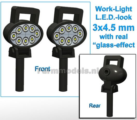 2x Werklampen OVAAL 3x4.5 mm, 3D L.E.D.-Look Glas effect ZONDER Kabel, montage pen ONDERKANT MET HANDGREEP 1:32