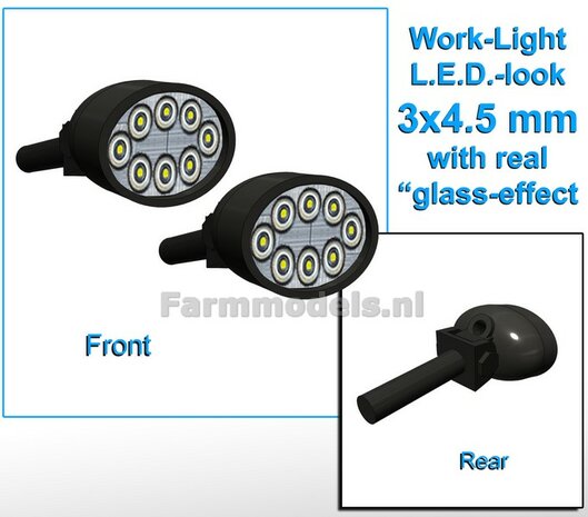 2x Werklampen OVAAL 3x4.5 mm, 3D L.E.D.-Look Glas effect ZONDER Kabel, montage pen ACHTERKANT (zonder handgreep ) 1:32