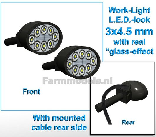 2x Werklampen OVAAL 3x4.5 mm, 3D L.E.D.-Look Glas effect MET Kabel, montage pen ACHTERKANT (zonder handgreep) 1:32