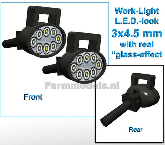 2x Werklampen OVAAL 3x4.5 mm, 3D L.E.D.-Look Glas effect ZONDER Kabel, montage pen ACHTERKANT MET HANDGREEP 1:32