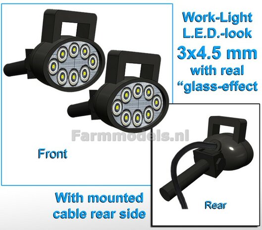 2x Werklampen OVAAL 3x4.5 mm, 3D L.E.D.-Look Glas effect MET Kabel, montage pen ACHTERKANT MET HANDGREEP 1:32