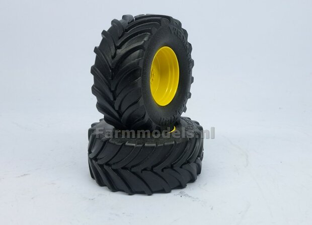 &Oslash; 71.9 x 32.5 mm: JOHN DEERE 7310R: 2x Vredestein Traxion 900/65 R45 Banden + KUNSTSTOF Velgen JD GEEL gespoten  1:32  Farmmodels Custom Line Series