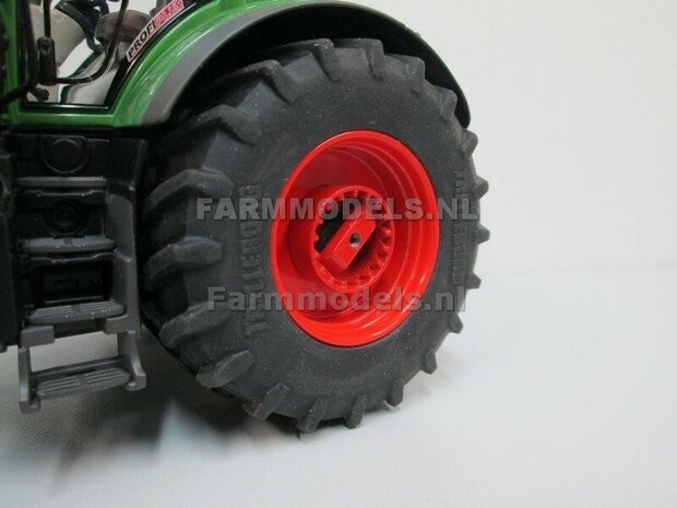 &Oslash; 66.3 x 28.5 mm: Fendt 828 FACELIFT: 2x Trelleborg Brede Banden + ALUMINIUM velgen FENDT ROOD gespoten  1:32    Farmmodels Custom Line Series