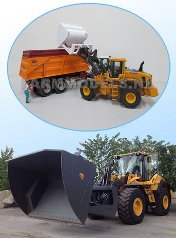 BOUWKIT: BECO Hoogkiepbak  / Volume bak BOUWKIT geschikt voor o.a. snelwissel koppeling 510005 t/m 510095 &amp; Volvo VAB-STD van AT &amp; Claas Torion/ Liebherr L 556 van Wiking modellen1:32 (HTD)