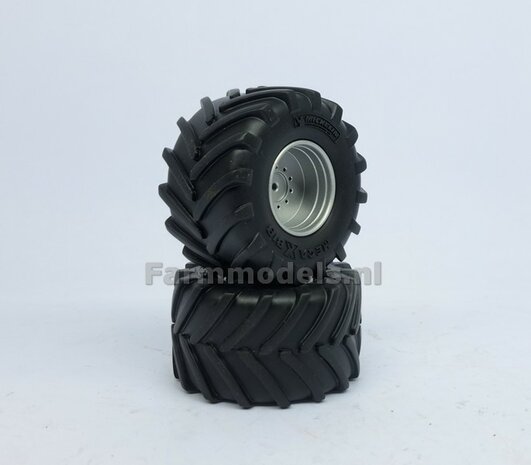 &Oslash; 58.5 x 33.3 mm: 2x Michelin MEGA-Xbib 1050/50 R32 banden + Alu. Velgen ALUMINIUM METALIC gespoten, past op &Oslash; 3mm as 1:32  Farmmodels Custom Line Series                