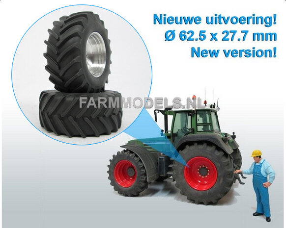 &Oslash; 62.5 x 27.7 mm: Fendt 824/ 926 Gen I: 2x Brede Banden + ALUMINIUM velgen BLANK Geleverd 1:32 Farmmodels Custom Line Series
