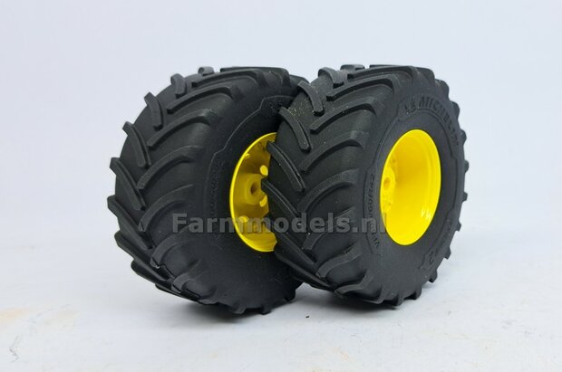 &Oslash; 70.3 x 30.4 mm: JOHN DEERE 8R 410: 2x Michelin Axiobib2 Banden + RESIN Velgen JD GEEL GESPOTEN geleverd 1:32    Farmmodels Premium Line Series  