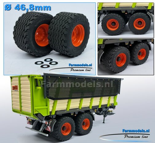 &Oslash; 46.8 mm: 2x Vredestein Flotation Pro Banden met CLAAS ORANJE gespoten Velgen + 4x O-RINGEN 1:32   Farmmodels Premium Line Series