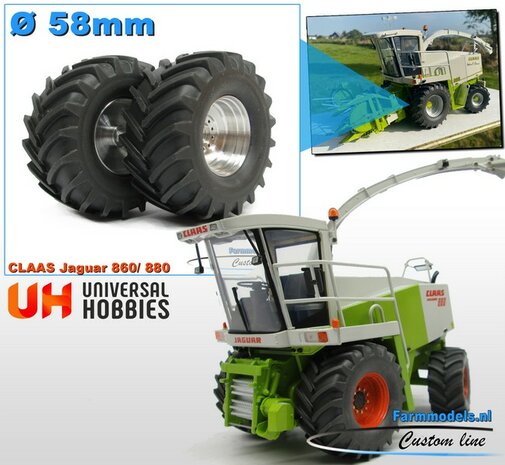 &Oslash; 58 x 28 mm: Claas Jaguar 860/ 880 UH: 2x Brede (vooras) banden + ALUMINIUM velgen BLANK geleverd 1:32   Farmmodels Custom Line Series                     