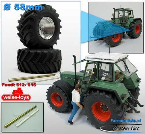 &Oslash; 58 x 28 mm: FENDT 612- 615 WeiseToys: 2x Brede banden + ALUMINIUM velgen BLANK &Oslash;3 mm as + U-profiel geleverd 1:32 Farmmodels Custom Line Series   
