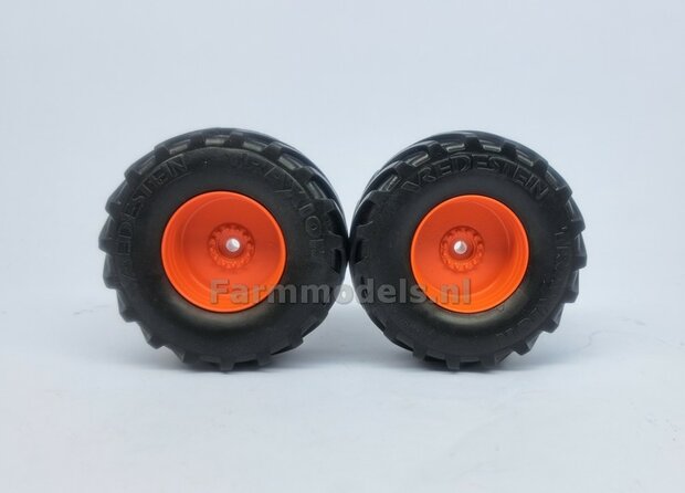 &Oslash; 71.9 mm: CLAAS 950/ 960 Wiking: 2x Vredestein Banden Kunststof Velgen CLAAS ORANJE Gespoten  1:32   Farmmodels Custom Line Series  