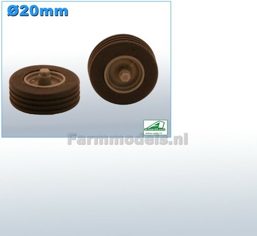 &Oslash; 20 mm: 2x Banden vooras/ aanhanger / loopwiel fronthef werktuig 01  1:32   04207