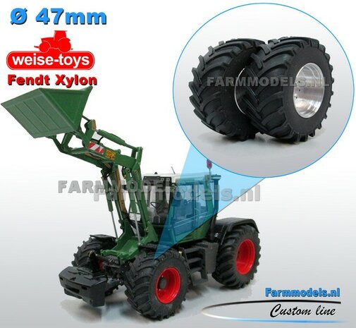 &Oslash; 47 x 20,5 mm: Fendt Xylon WeiseToys: 2x Brede Vooras banden + ALUMINIUM velgen BLANK geleverd 1:32 Farmmodels Custom Line Series 