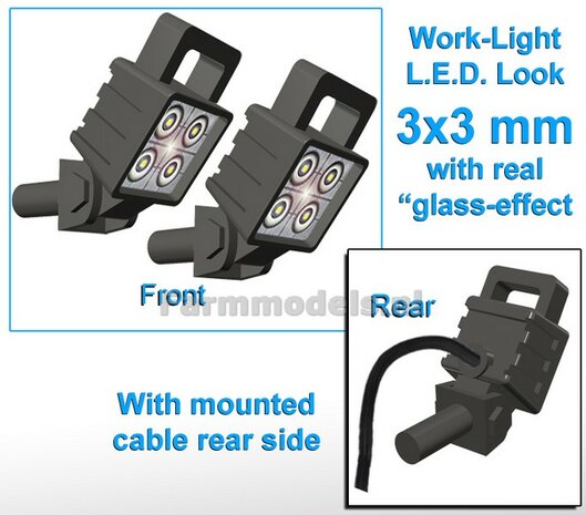 2x Werklampen VIERKANT 3x3 mm, SCHUIN GERICHT 3D L.E.D.-Look Glas effect MET Kabel, montage pen ACHTERKANT, MET handgreep 1:32  