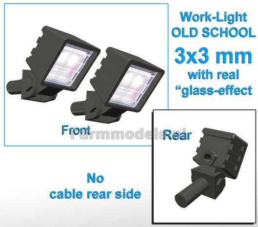 2x Werklampen VIERKANT 3x3 mm, SCHUIN GERICHT OLD SCHOOL Glas effect ZONDER Kabel, montage pen ACHTERKANT (Zonder handgreep) 1:32  