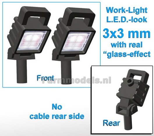2x Werklampen VIERKANT 3x3 mm SCHUIN GERICHT 3D OLD SCHOOL Glas effect ZONDER Kabel, montage pen ONDERKANT, MET handgreep 1:32  