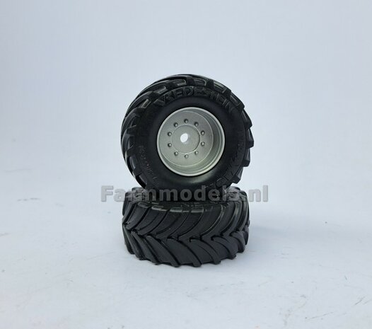 &Oslash; 57.8 x 25.2 mm: CHALLENGER 1050 Wiking: 2x Vredestein Traxion 750/65 R34 Banden + KUNSTSTOF Velgen ALU-METALIC gespoten 1:32 Farmmodels Custom Line Series