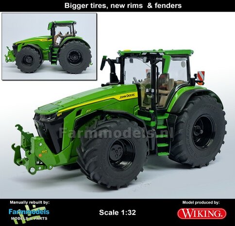 VERBOUWD: JOHN DEERE 8r 410 Wiking, nieuwe banden, ZWARTE velgen, steekassen, eindvertragingen en spatborden  1:32  WK77859-REB-BLACK  NB2B