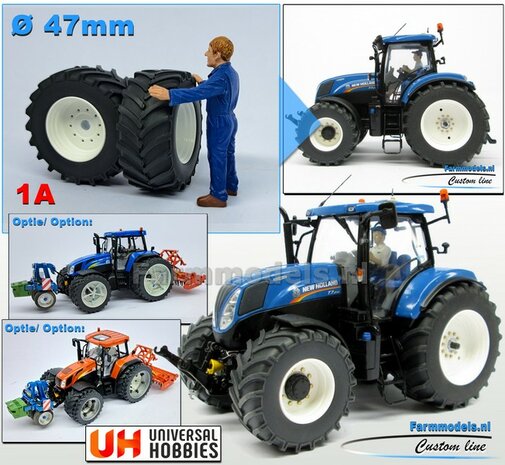 &Oslash; 47 x 20.5 mm: NEW HOLLAND T7.210/ T7.225: 2x Brede Banden (nr. 1A)  + ALUMINIUM velgen NEW HOLLAND WIT Gespoten geleverd 1:32 Farmmodels Custom Line Series 