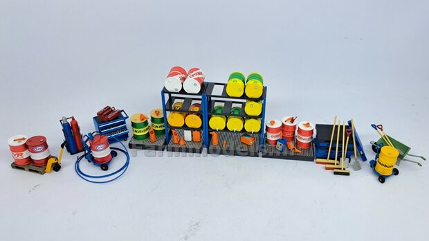 1x VATEN/ OLIEDRUM STELLING met LEKBAK geschikt voor 6 VATEN Resin, ANTRACIET met STAANDERS DIEP ROOD Gespoten incl. 2x Pr&eacute;-Cut OLIEVLEK DECALS 1:32